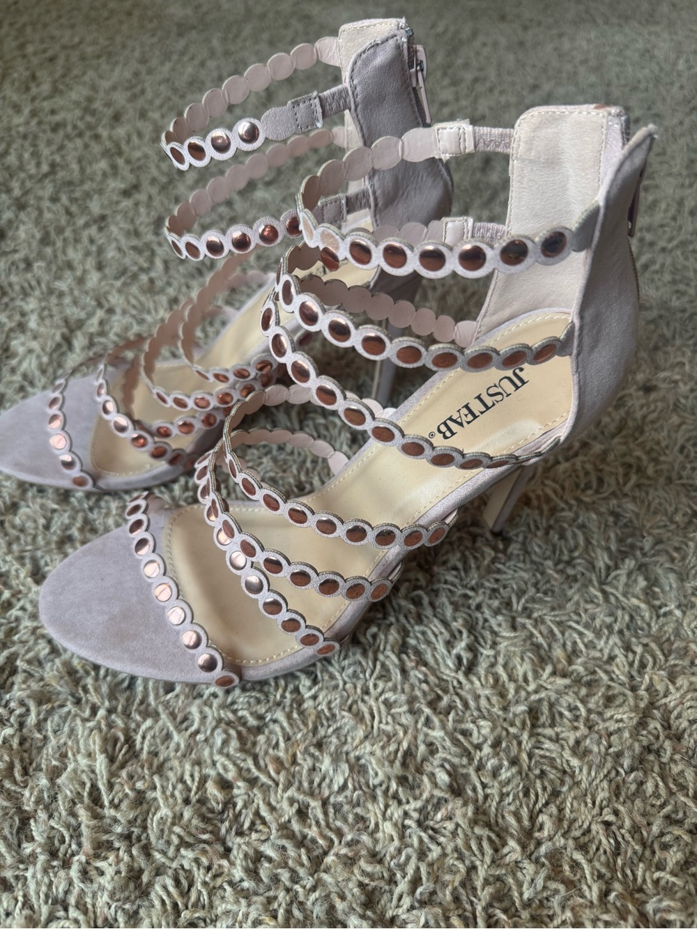 JustFab Dusty Pink Suede Strappy Heeled Sandals with Metallic Accents